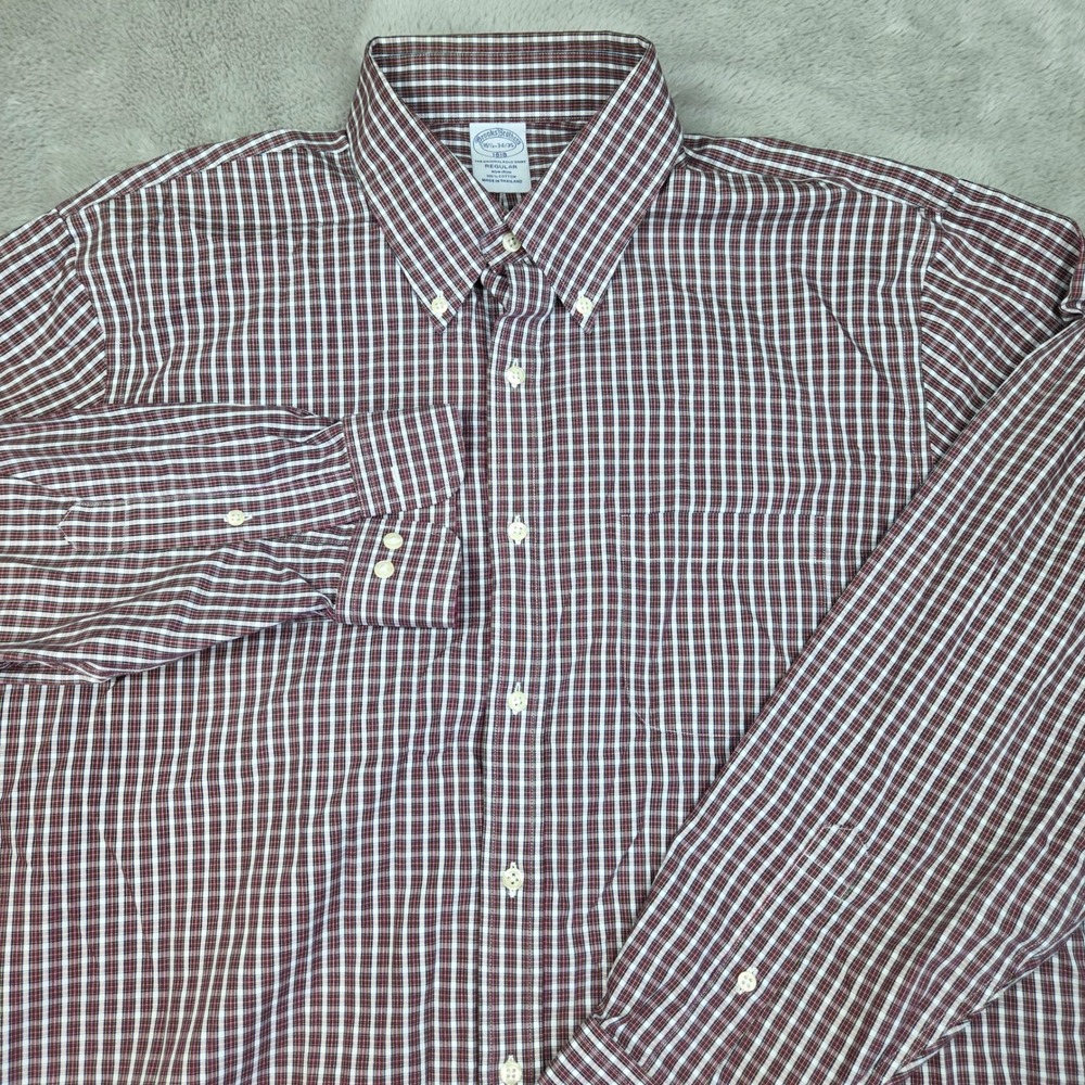 Brooks Brothers Dress Shirt Mens 16.5 34/35 Regular Fit Non-Iron Check Burgundy